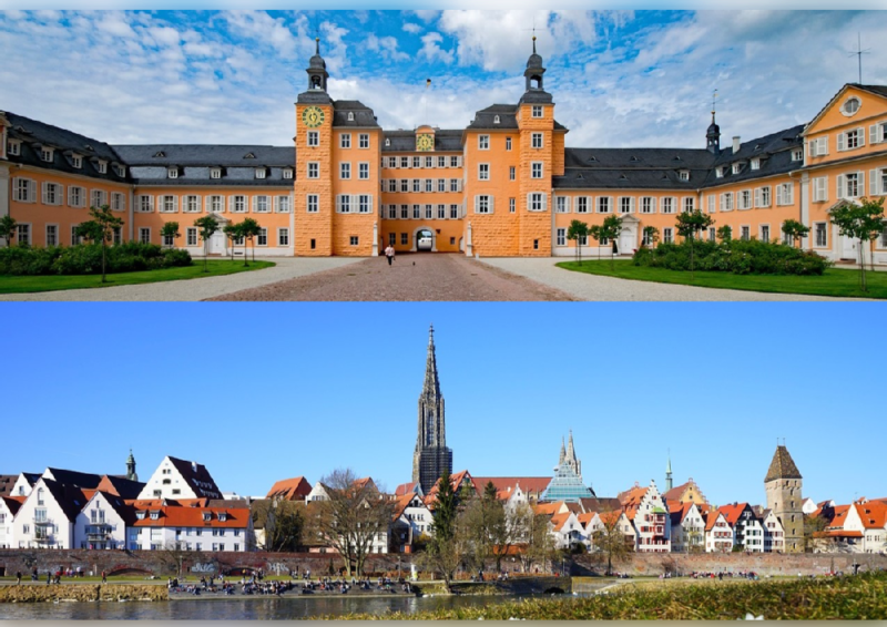 Die zweigeteilte Bildcollage zeigt oben das Schwetzinger Schloss und unten eine Ansicht der Stadt Ulm mit dem Münster.