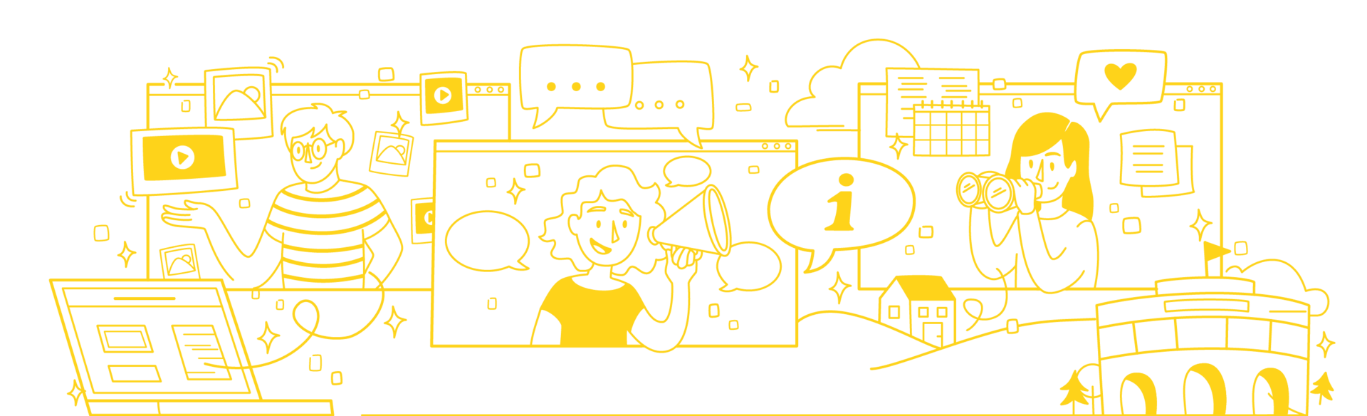 Das Bild zeigt als gelbe Zeichnung mehrere junge Personen.