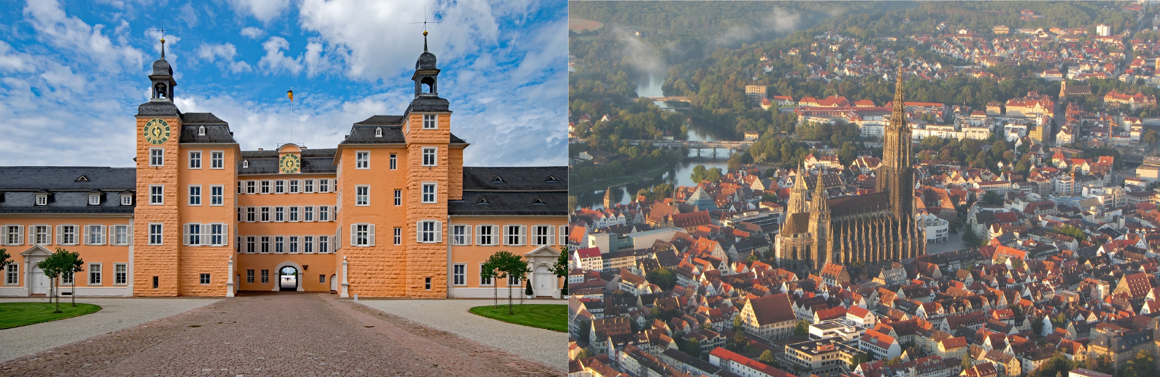 Bildcollage zeigt links das Schwetzinger Schloss von vorn und rechts das Ulmer Münster in Mitten der Stadt Ulm von oben.