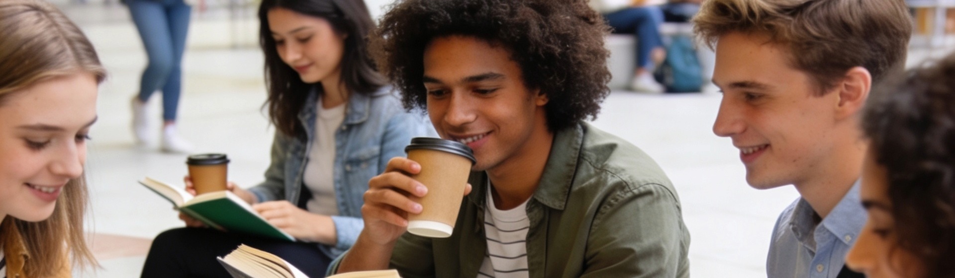 Fünf Studierende (junge Menschen), die zusammen sitzen, lesen und Kaffee trinken.